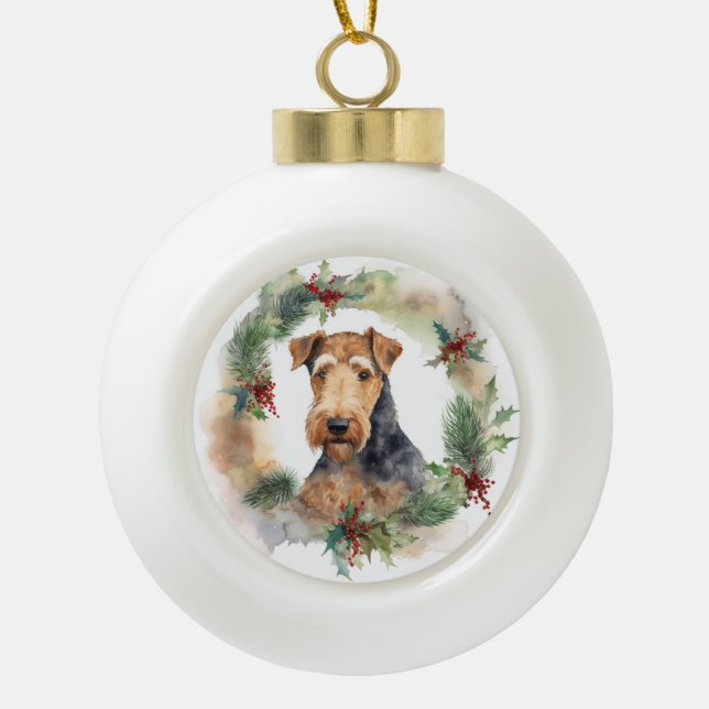Airedale Christmas Wreath Festive Pup  Ceramic Ball Christmas Ornament (Front)