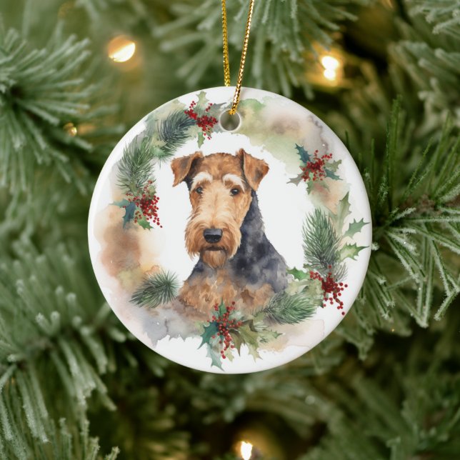 Airedale Christmas Wreath Festive Pup  Ceramic Ornament (Tree)