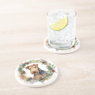 Airedale Christmas Wreath Festive Pup Coaster