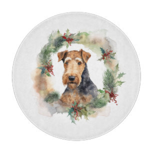 Airedale Christmas Wreath Festive Pup  Cutting Board