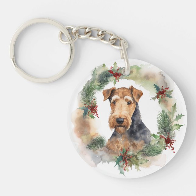 Airedale Christmas Wreath Festive Pup  Key Ring (Front)