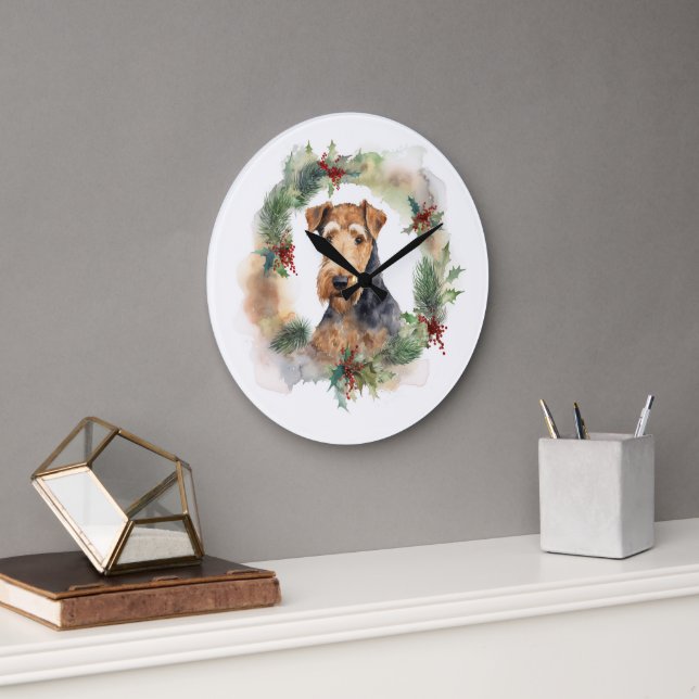 Airedale Christmas Wreath Festive Pup  Large Clock (Office)