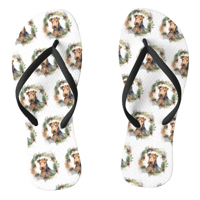 Airedale Christmas Wreath Festive Pup  Thongs (Footbed)