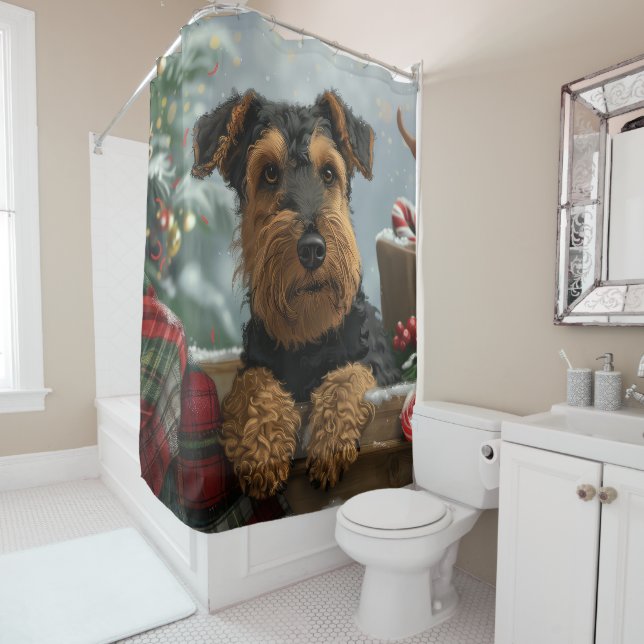 Airedale Dog Christmas Festive  Shower Curtain (In Situ)