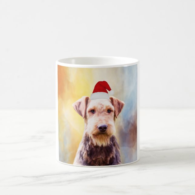 Airedale Dog Christmas Santa Hat Art Portrait Coffee Mug (Center)