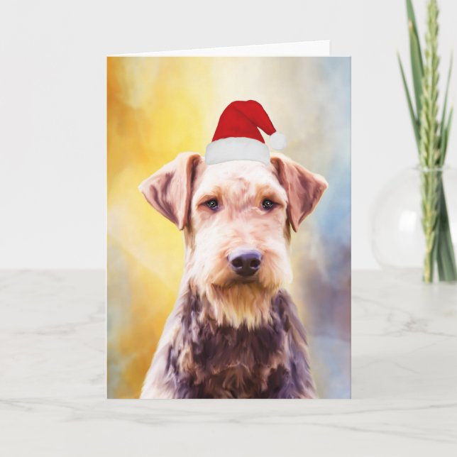Airedale Dog Christmas Santa Hat Art Portrait Holiday Card (Front)