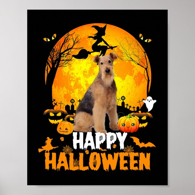 Airedale Dog Happy Halloween Day With the Moon And Poster (Front)