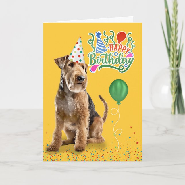 Airedale Dog in Party Hat on Yellow Birthday Card (Front)
