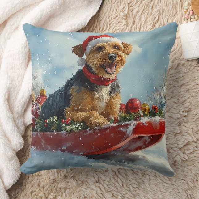 Airedale Dog in Sledge Let it Snow Christmas Cushion (Blanket)