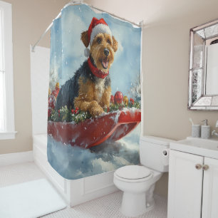 Airedale Dog in Sledge Let it Snow Christmas Shower Curtain