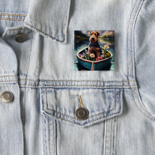 Airedale Dog on a Paddle: A Scenic Adventure 15 Cm Square Badge (In Situ)