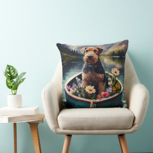 Airedale Dog on a Paddle: A Scenic Adventure Cushion