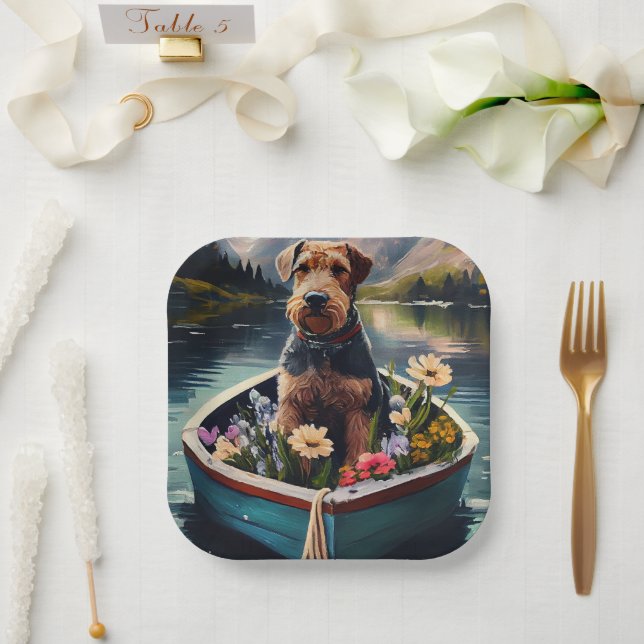 Airedale Dog on a Paddle: A Scenic Adventure Paper Plate (Wedding)