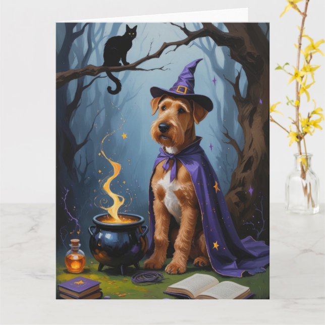 Airedale Dog Whimsical Halloween Painting Card (Yellow Flower)