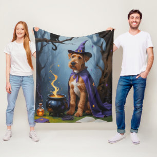 Airedale Dog Whimsical Halloween Painting Fleece Blanket