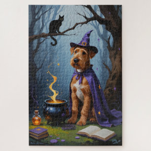 Airedale Dog Whimsical Halloween Painting Jigsaw Puzzle