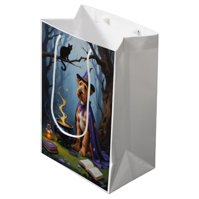 Airedale Dog Whimsical Halloween Painting Medium Gift Bag (Front Angled)