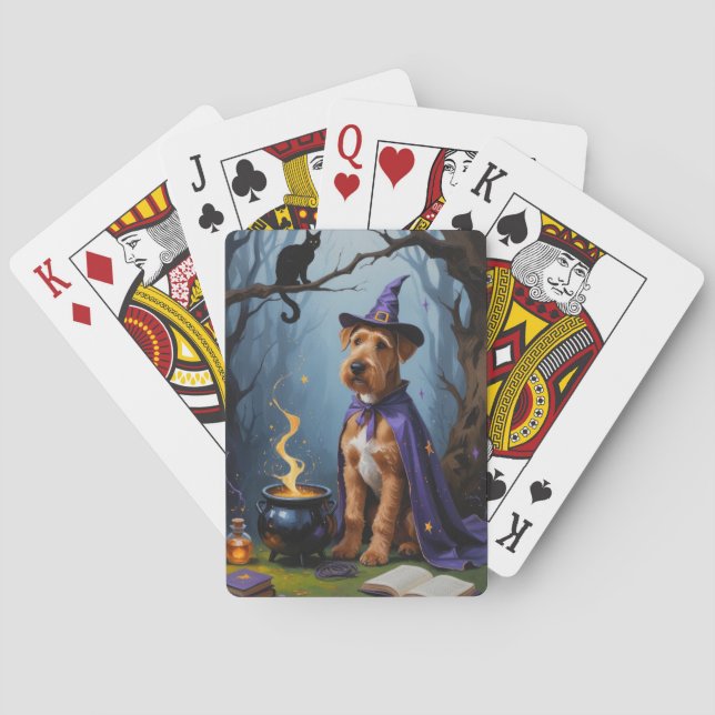 Airedale Dog Whimsical Halloween Painting Playing Cards (Back)