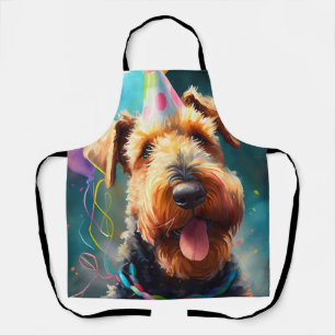 Airedale dog with birthday hat and balloons  apron