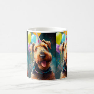 Airedale dog with birthday hat and balloons coffee mug