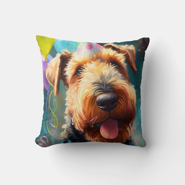 Airedale dog with birthday hat and balloons cushion (Front)