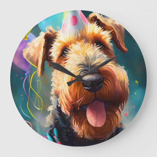 Airedale dog with birthday hat and balloons large clock (Front)