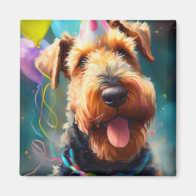 Airedale dog with birthday hat and balloons magnet (Front)