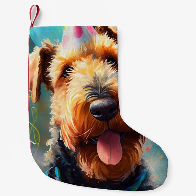 Airedale dog with birthday hat and balloons small christmas stocking (Front)