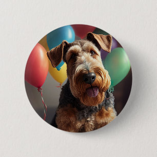 Airedale dog with cake and balloons 6 cm round badge
