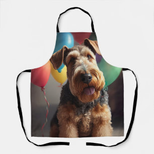 Airedale dog with cake and balloons apron