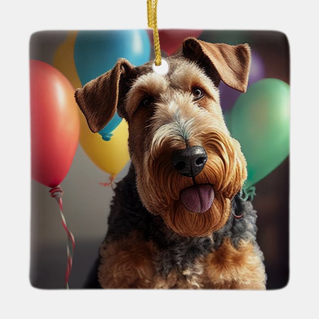 Airedale dog with cake and balloons ceramic ornament (Front)