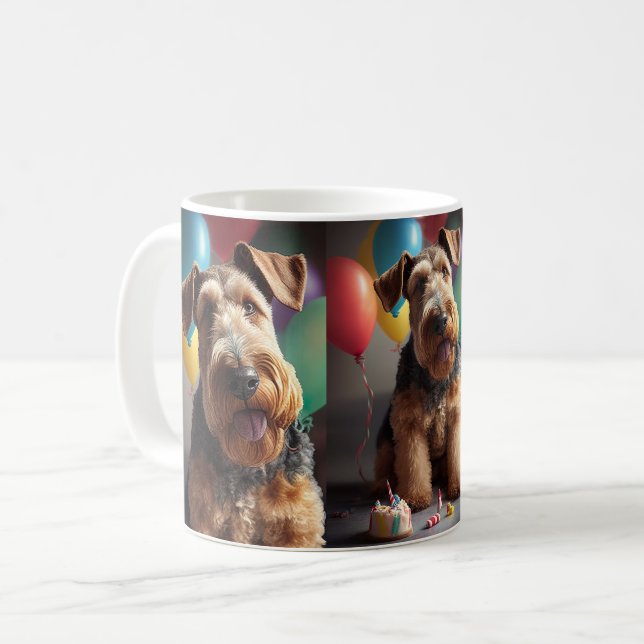 Airedale dog with cake and balloons coffee mug (Front Left)