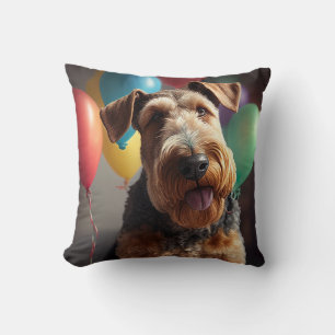 Airedale dog with cake and balloons  cushion