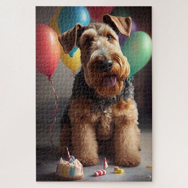 Airedale dog with cake and balloons jigsaw puzzle (Vertical)