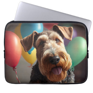 Airedale dog with cake and balloons laptop sleeve