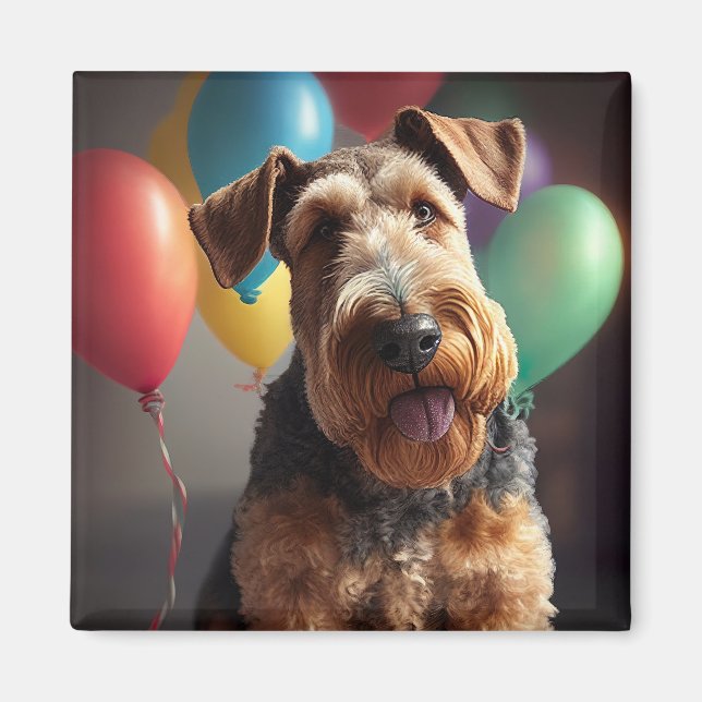 Airedale dog with cake and balloons magnet (Front)
