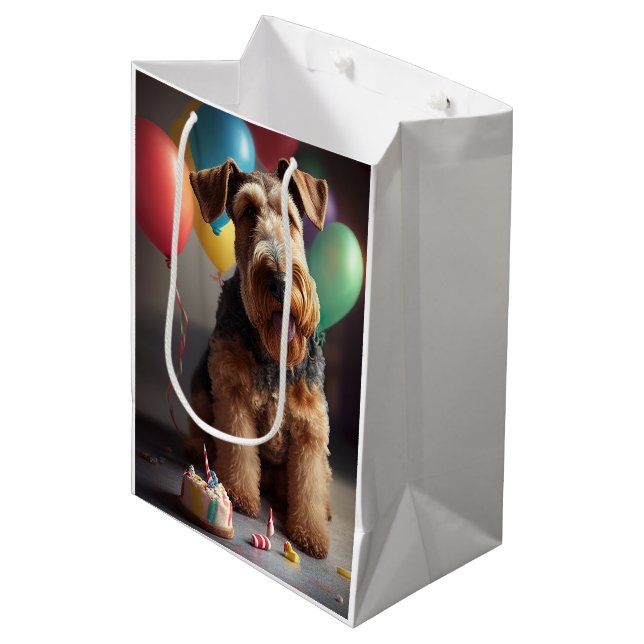 Airedale dog with cake and balloons medium gift bag (Front Angled)