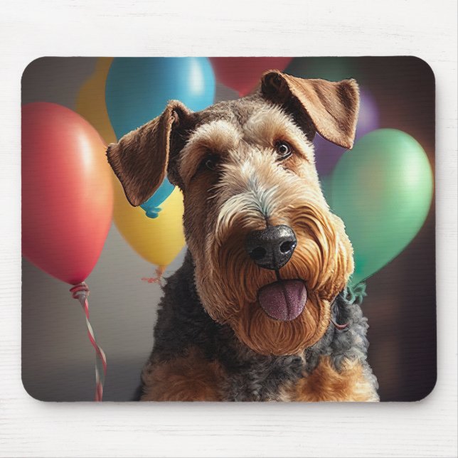 Airedale dog with cake and balloons mouse pad (Front)