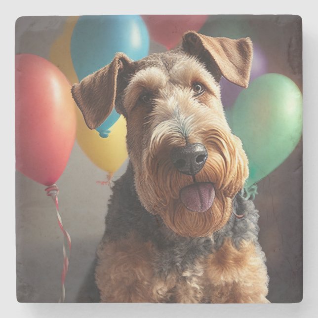 Airedale dog with cake and balloons stone coaster (Front)