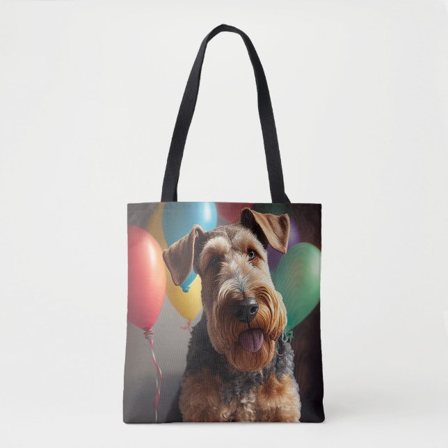 Airedale dog with cake and balloons tote bag (Front)
