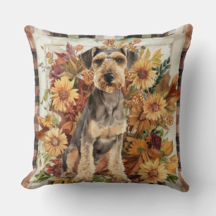 Airedale Fall Watercolor Flowers Cushion