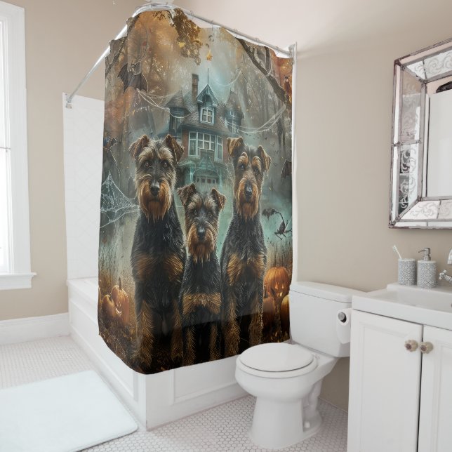 Airedale Halloween Night Doggy Delight Shower Curtain (In Situ)