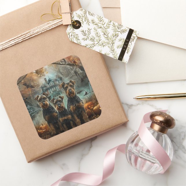 Airedale Halloween Night Doggy Delight Square Sticker (Gifting)