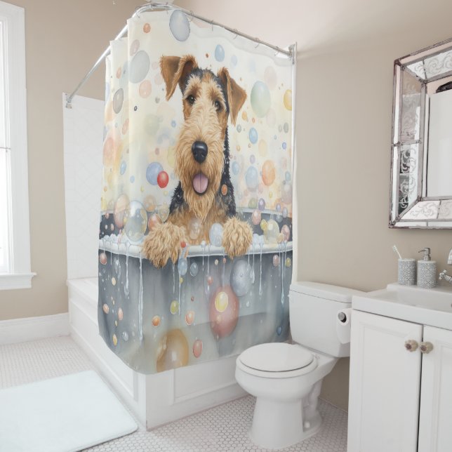 Airedale in Bathtub Watercolor Dog Art Shower Curtain (In Situ)