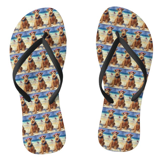 Airedale on Beach, summer gift for dog lovers  Thongs (Footbed)