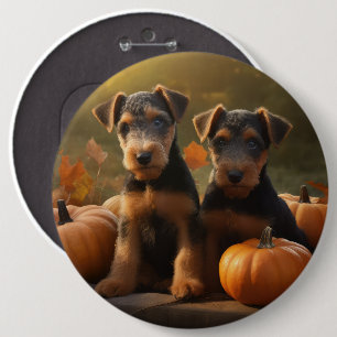 Airedale Puppy Autumn Delight Pumpkin 6 Cm Round Badge