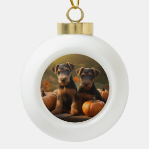 Airedale Puppy Autumn Delight Pumpkin Ceramic Ball Christmas Ornament