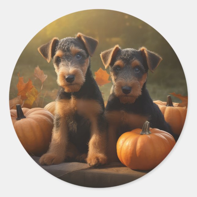 Airedale Puppy Autumn Delight Pumpkin Classic Round Sticker (Front)