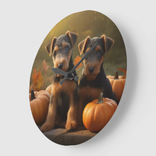 Airedale Puppy Autumn Delight Pumpkin Large Clock