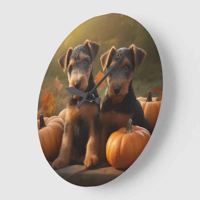 Airedale Puppy Autumn Delight Pumpkin Large Clock (Angle)